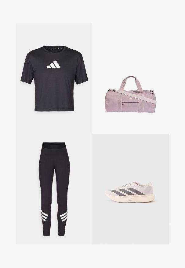 Čierne skrátené tričko z hladkej tkaniny, s bielym logom Adidas na hrudi, okrúhlym výstrihom a krátkymi rukávmi.; Čierne legíny vyrobené z elastického materiálu, s širokým pásom a tromi bielymi horizontálnymi pruhmi blízko dolnej časti nôh.; Ľahké športové tenisky v bledoružovej a šedej farbe, s priedušným sieťovaným zvrškom, troma tmavými pásmi a hrubou krémovou podrážkou označenou "LIGHTSTRIKE PRO".; Svetlofialová športová taška z lesklého materiálu, vybavená dvoma rukoväťami, odnímateľným ramenným popruhom a predným vreckom na zips s logom.