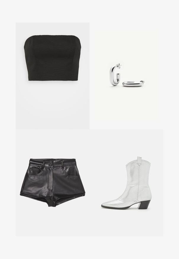 STAUD NYLA - Top - black; Pantalones cortos de imitación cuero negros con cintura alta, que cuentan con dos bolsillos frontales, costuras visibles y una textura suave.; Castañer DIMBA - Botines camperos - plata; Pendientes de aro rectangulares gruesos de tono plateado con cierre de poste, uno de pie y el otro tumbado sobre un fondo blanco.