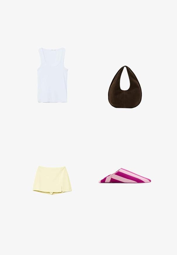 Débardeur blanc sans manches avec encolure dégagée, posé à plat sur un fond blanc.; Minijupe-short jaune clair avec une petite fente latérale, combinant une jupe devant et un short intégré dessous, présentée sur un fond blanc.; Chausson mule plat avec des larges rayures diagonales alternées rose et violet, bout pointu et dos ouvert.; Sac à main en daim marron foncé en forme de croissant avec une seule sangle large et une texture lisse sur fond blanc.