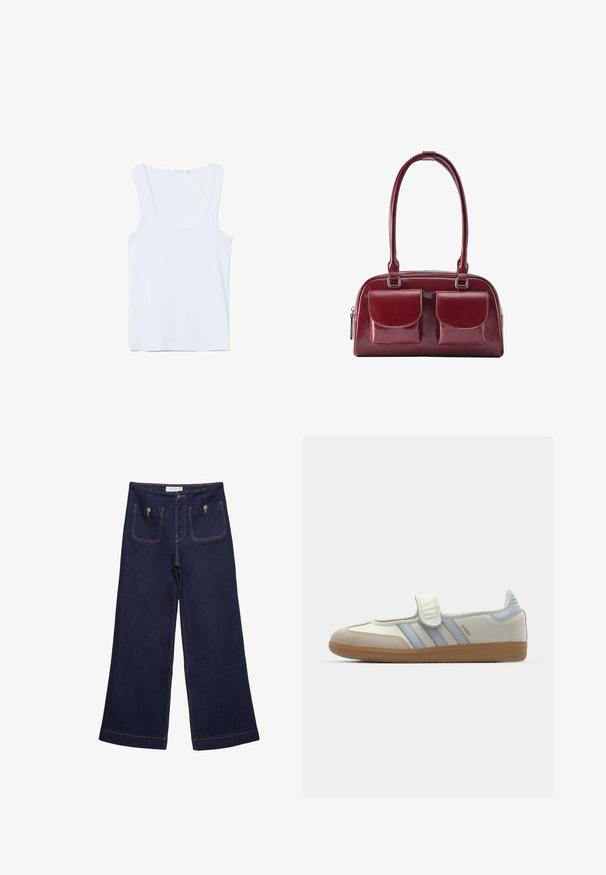 Weißes ärmelloses Tanktop mit Rundhalsausschnitt, flach auf einem weißen Hintergrund liegend.; Dunkelblaue Jeans mit weitem Bein und hoher Taille, vordere aufgesetzte Taschen mit Metallknöpfen und sichtbaren Nähten.; adidas Originals SAMBA JANE BALLERINA - Riemchenballerina - cloud white/halo blue; Dunkelrote Lederhandtasche mit zwei vorderen Klappentaschen und langen Schulterriemen, gezeigt auf weißem Hintergrund.