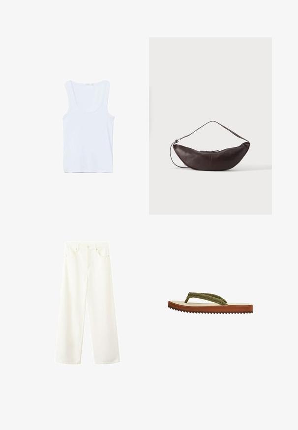 Débardeur blanc sans manches avec encolure dégagée, posé à plat sur un fond blanc.; Jean blanc en denim à taille haute et jambes larges, doté de cinq poches, passants pour ceinture, et fermeture par bouton et zip.; Tongs simples avec semelle intérieure beige, semelle extérieure marron cannelée, et brides tressées en tissu vert olive sur fond blanc.; Sac d'épaule en cuir marron foncé en forme de croissant avec une lanière courbée et des coutures visibles sur fond uni.