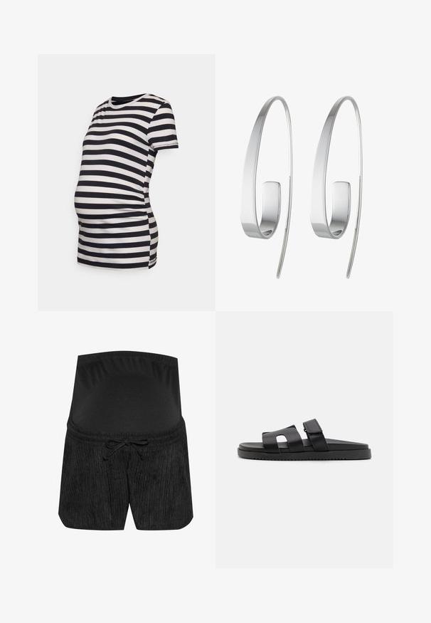 GAP Maternity VINTAGE CREW - T-shirt print - black; Zwarte zwangerschapsbroek met een textuurdesign, trekkoord in de taille en een soepele, elastische tailleband. Zachte stof voor comfort.; Zwarte slidersandalen met twee brede banden, een open teenontwerp en een vergrootzool. Gemaakt van glad synthetisch materiaal. Verstelbare band.; Zilveren creolen met een slank, langwerpig ontwerp. Gemaakt van gepolijst metaal, met een gladde textuur en minimalistische stijl.