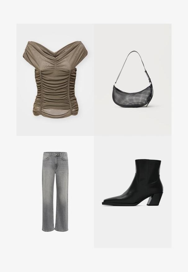 Olivgrünes Off-Shoulder-Top mit Raffung, aus weichem, dehnbarem Stoff gefertigt, mit tailliertem Schnitt und gerafftem Ausschnitt.; Weite Jeans aus grauem Denim mit hoher Taille, fünf Taschen, einem vorderen Knopfverschluss und dezentem Verblassen des Materials.; Schwarze Leder-Stiefelette mit spitzem Zeh, schlanker Silhouette und klobigem quadratischem Absatz. Glatte Textur mit minimalen Nähdetails.; Kleine schwarze Netz-Schultertasche in Halbmondform mit verstellbarem dünnem Riemen vor schlichtem, hellem Hintergrund.