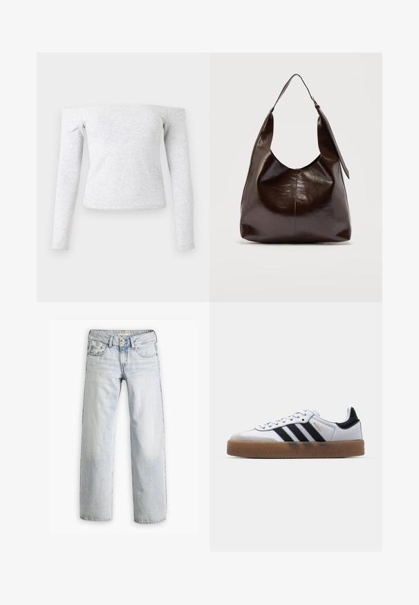 Lichtgrijs, nauwsluitend shirt met lange mouwen en een off-shoulder halslijn. Gemaakt van zachte, rekbare stof met een gladde textuur.; Lichtblauwe denim jeans met een ontspannen pasvorm, hoge taille en vijf-pocket ontwerp. Bevat stikaccenten en een knopenfly-sluiting.; Witte leren sneakers met zwarte strepen, gumrubberen buitenzool, ronde neus, vetersluiting en een zachte grijze suède neuskap.; Donkerbruine glanzende leren schoudertas met een enkele brede riem en gespsdetail aan één kant, tegen een effen lichte achtergrond.