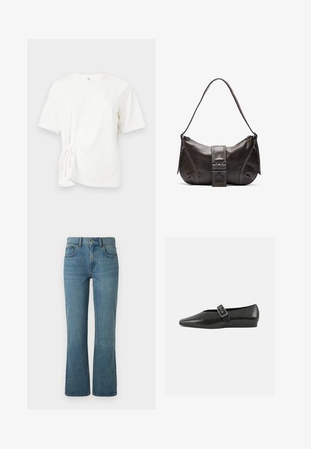Hvid bomuld T-shirt med korte ærmer, rund halsudskæring og samlet knudedetalje på venstre side. Glat tekstur og almindelig pasform.; Lysblå flagrende jeans lavet af denim, med fem lommer, en frontknaplukning og subtil fading for tekstur.; Sorte læder flade sko med spidse tæer, prydet med en metallisk spænde over vristen og en lav, fleksibel sål.; Brun læder skuldertaske med en buet form, der har et fremtrædende spænde, kontrasterende syninger og en enkelt skulderrem.