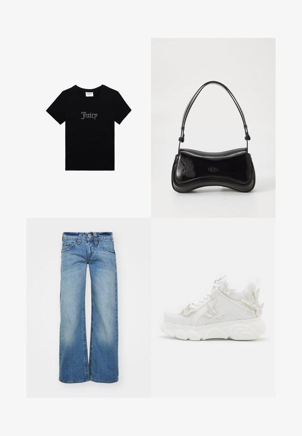 Zwart Juicy Couture T-shirt met korte mouwen, rhinestone tekst "Juicy" op de voorkant en een ronde hals.; Lichtblauwe wijdvallende jeans van denim, met een vervaagde wassing, vijf zakken en een knoopsluiting met lussen voor een riem.; Witte chunky sneaker met dikke zool en decoratieve 3D vlinderaccenten aan de zijkant, veters en hiel.; Zwarte laarzen van patentleer met een gebogen vorm, een enkele handgreep en een ronde bodem. Beschikt over een subtiele logodetail aan de voorkant.