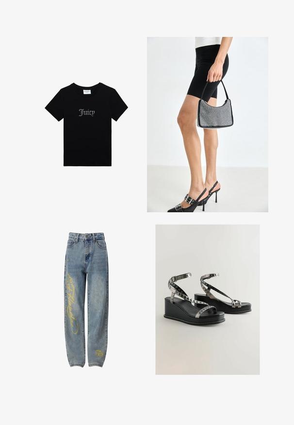 T-shirt noir à manches courtes Juicy Couture avec inscription "Juicy" en strass sur le devant et col rond.; Jean en denim bleu à coupe ample, avec des motifs graphiques jaunes sur la jambe gauche et un petit motif près de l'ourlet inférieur.; Sandales noires à talons compensés avec des accents de lanières métalliques et des découpes circulaires. Fini en cuir lisse avec un détail de couture blanche.; Sac à main à perles noires avec une silhouette courbée, une poignée de transport et une texture brillante. Porté avec des chaussures à talons hauts noires et un short noir ajusté.