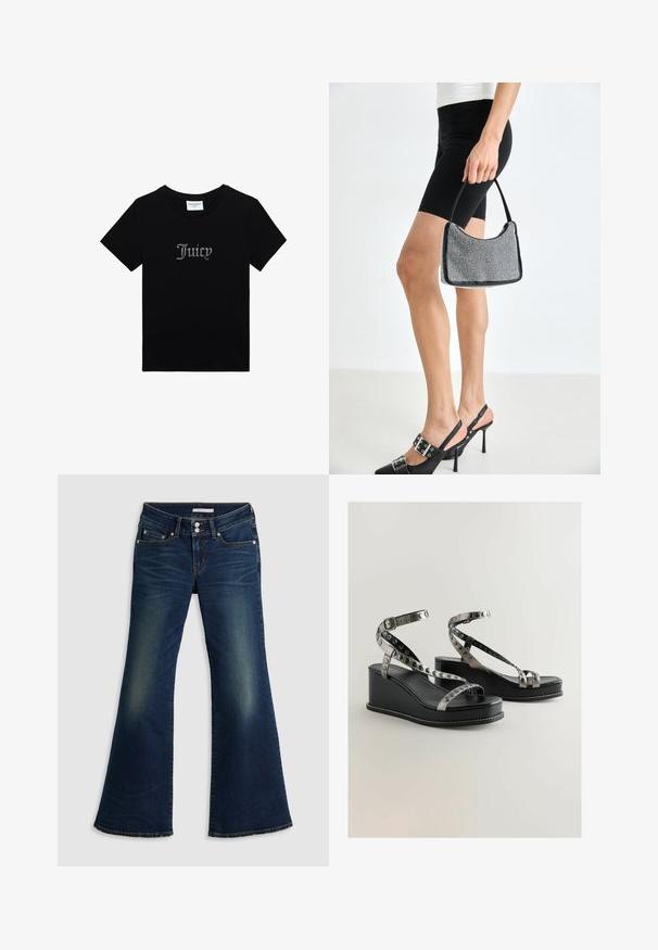 Schwarzes Juicy Couture T-Shirt mit kurzen Ärmeln, Strassschriftzug "Juicy" auf der Vorderseite und rundem Halsausschnitt.; Dunkelblaue Jeans im Super-Low-Flare-Schnitt mit Front- und Gesäßtaschen, doppeltem Knopfverschluss und verwaschenen Details an Oberschenkeln und Knien.; Schwarze Wedge-Sandalen mit metallischen Riemenakzenten und kreisförmigen Ausschnitten. Glattes Lederfinish mit weißen Nähten.; Schwarze Perlen-Handtasche mit geschwungener Silhouette, Tragegriff und glänzender Textur. Kombiniert mit schwarzen High Heels und enganliegenden schwarzen Shorts.