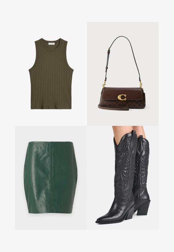 Mouwloze olijfgroene geribbelde gebreide tanktop met ronde halslijn en Marc O’Polo-label aan de binnenkant van de achterkraag.; Groene leren minirok met een gladde textuur en een getailleerde pasvorm. Heeft een naadloos ontwerp zonder zichtbare sluitingen of hardware.; Zwarte leren cowboylaarzen met spitse neuzen, decoratieve stiksels en schuine blokhakken gedragen door een persoon.; Bruine leren crossbodytas met verstelbare band, goudkleurige gesp in de vorm van een "C" en een bodem met een kenmerkend patroon.