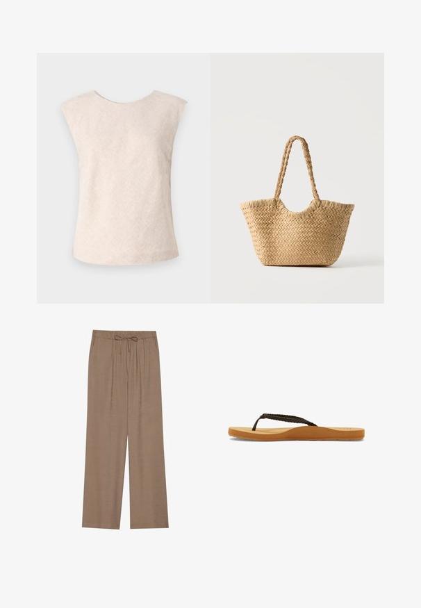 Top sin mangas de color beige claro hecho de una tela texturizada. Presenta un escote redondo y un ajuste suelto y relajado. Diseño minimalista sin cierres visibles.; Pantalones de pierna ancha en un marrón claro, confeccionados con una tela suave. Presentan una cinturilla elástica con cordón y sin bolsillos visibles.; Chanclas de tiras trenzadas marrones con suela suave y plantilla color tostado, que presentan un diseño redondeado y suela de goma texturizada para mayor tracción.; Bolso tote de paja trenzada con base ancha, asas trenzadas y color beige natural sobre fondo blanco liso.