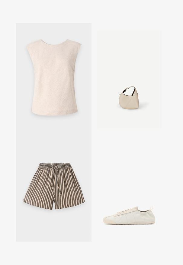 Top sin mangas de color beige claro hecho de una tela texturizada. Presenta un escote redondo y un ajuste suelto y relajado. Diseño minimalista sin cierres visibles.; Pantalones cortos a rayas con cintura elástica, con líneas verticales en beige y azul marino. Tela suave, diseño informal y detalle de lazo en la parte frontal.; Zapatillas de cuero crema con puntera redondeada, diseño de cordones, acentos texturizados y suela de goma texturizada con patrón de tracción en zigzag.; Bolso de cuero beige en forma de media luna con una sola correa para el hombro y costuras mínimas, colocado sobre un fondo blanco liso.