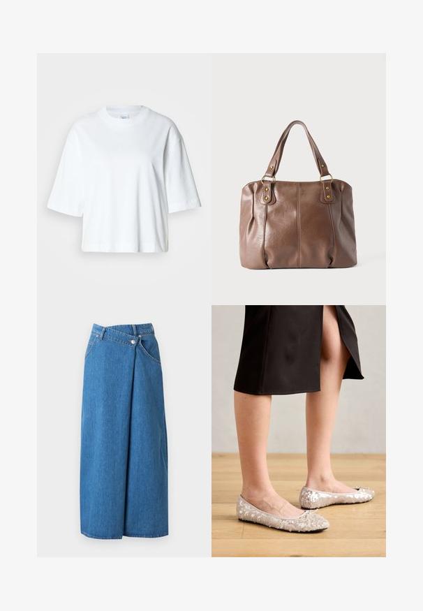 Hvid cropped t-shirt med korte ærmer, rund halsudskæring, lavet af blødt bomuldsmateriale, med et enkelt og rent design.; Blå denim midi nederdel med overlappende frontpanel, bæltestropper, sidelommer og knaplukning i taljen.; Beige stæl ballet flats med en rund tå, der har en bueaccent, parret med en sort nederdel, vist på et trægulv.; Brun læderhåndtaske med to skulderremme fastgjort med guldfarvede ringe og nitter, vist mod en ensartet lys baggrund.