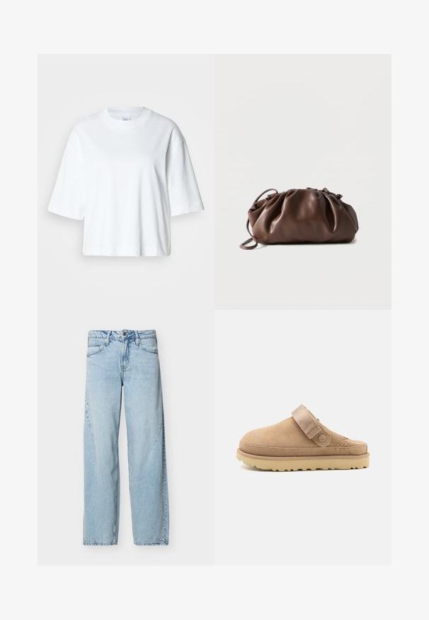 Witte cropped t-shirt met korte mouwen, ronde hals, gemaakt van zacht katoen, met een eenvoudig en strak ontwerp.; Lichtblauwe denim jeans met rechte pijpen, voorzakken, riemlussen en knoopsluiting op een effen witte achtergrond.; Beige suède instapklomp met een gestructureerde bovenzijde, verstelbare band en een stevige rubberen zool met een grof patroon voor grip.; Zachte bruine leren tas met samengevouwen bovenkant en smalle riem, liggend op een witte achtergrond.