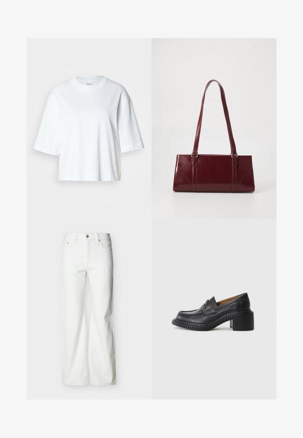 Witte cropped t-shirt met korte mouwen, ronde hals, gemaakt van zacht katoen, met een eenvoudig en strak ontwerp.; Witte jeans met rechte pijpen en hoge taille, voorzien van een knoopsluiting aan de voorkant, rits, en zij- en achterzakken, tegen een effen lichte achtergrond.; Zwarte leren instappers met een dikke, geribbelde rubberen hak. Voorzien van een ronde neus en een horizontale band over de wreef. Textuurondergrond.; Bourgondische handtas van glanzend materiaal, rechthoekige vorm, met twee schouderbanden en subtiele gebogen accenten aan de voorkant.