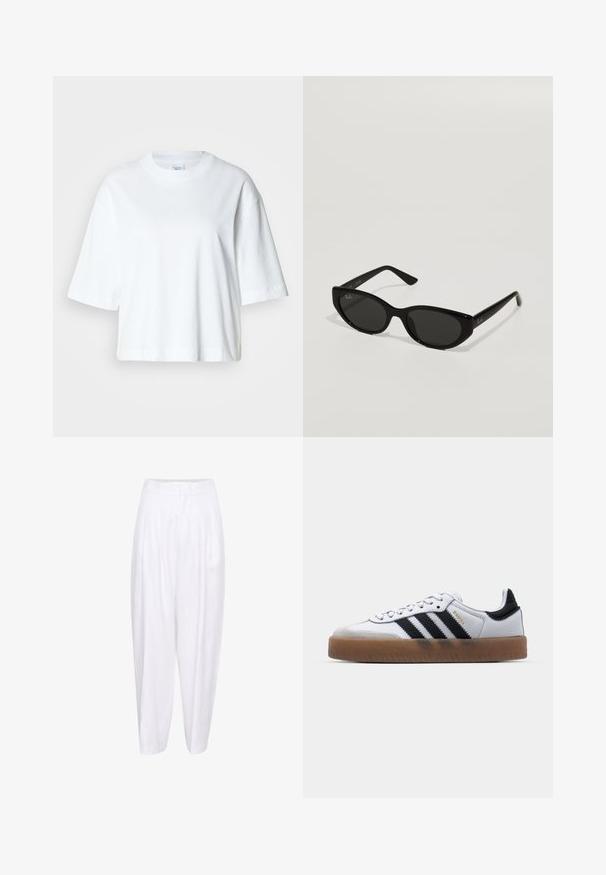 T-shirt blanc court à manches courtes, col rond, en coton doux, avec un design simple et épuré.; Pantalons en lin blanc à taille haute, avec des plis sur le devant et une silhouette décontractée, se resserrant jusqu'à la cheville. Texture lisse, sans motifs.; Baskets en cuir blanc avec des rayures noires, semelle extérieure en caoutchouc beige, bout rond, fermeture lacée et embout en suède gris doux.; Lunettes de soleil noires avec une forme étroite et en œil de chat. Fabriquées en plastique lisse, elles présentent des verres foncés et de subtils accents de logo sur les branches.