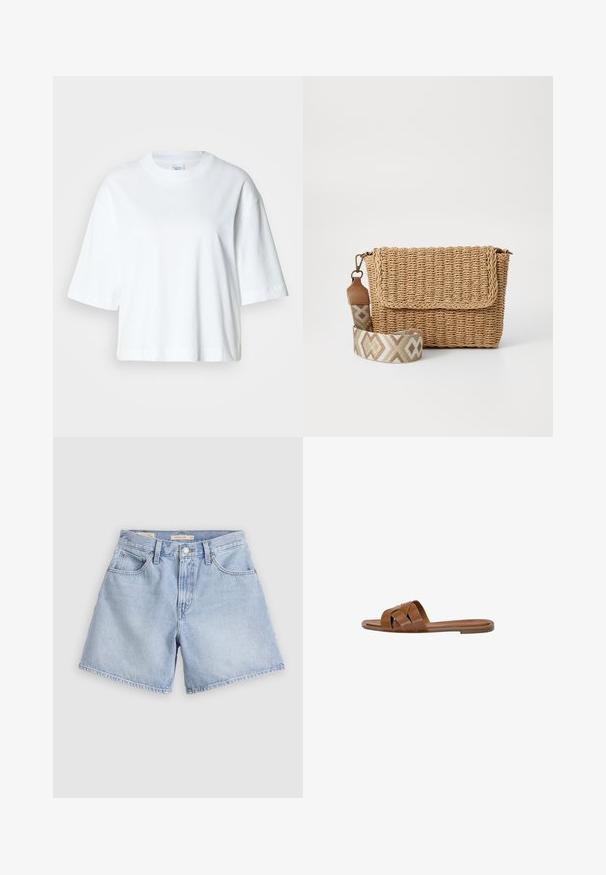 Hvid cropped t-shirt med korte ærmer, rund halsudskæring, lavet af blødt bomuldsmateriale, med et enkelt og rent design.; Lyseblå denimshorts. Høj talje med fire lommer, knaplukning foran og rå kant nederst. Stoffet virker blødt med en falmet finish.; Brun læder slide sandal med krydsede stropper, flad sål og en glat overflade. Enkel design uden udsmykninger eller mønstre.; Vævet strå crossover taske med klaplukning, der har en mønstret lysebrun rem med geometriske designs. Tekstureret og kompakt form.