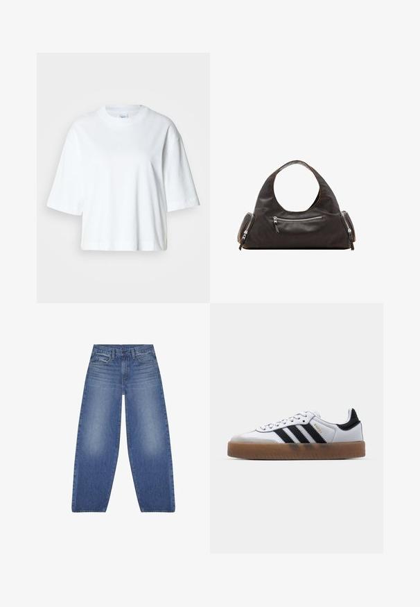 Weißes, kurz geschnittenes T-Shirt mit kurzen Ärmeln und Rundhalsausschnitt, aus weichem Baumwollmaterial, mit einem einfachen und klaren Design.; Hellblaue, weit geschnittene Jeans mit klassischer Denim-Textur, Fünf-Taschen-Design und frontalem Knopfverschluss. Abgestufte Akzente auf dem Stoff.; Weiße Leder Sneakers mit schwarzen Streifen, Gummigummi-Außensohle, runder Zehenform, Schnürverschluss und weichem grauem Wildleder-Zehenkappe.; Schwarze Lederhandtasche mit rundem Tragegriff oben, zwei Seitentaschen mit Reißverschlüssen und glatter Oberfläche. Leicht lockeres Design.