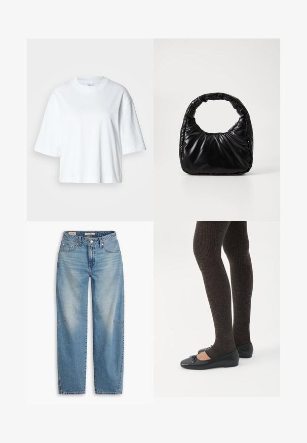 Hvid cropped t-shirt med korte ærmer, rund halsudskæring, lavet af blødt bomuldsmateriale, med et enkelt og rent design.; Lyseblå denimjeans med løs pasform, lige ben, knapgylp og fem-lomme-stil med subtile falme- og syningsdetaljer.; Ben iført mørke ribbede leggings kombineret med sorte balletsko med små sløjfedetaljer på hvid baggrund.; Sort polstret håndtaske med et rundt håndtag, der har en glat, skinnende overflade og en blød, kviltet tekstur. Ingen synlige hardware eller accenter.