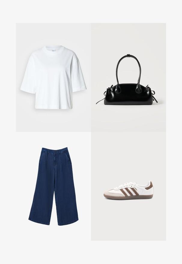 Camiseta blanca corta con mangas cortas, escote redondo, hecha de material de algodón suave, con un diseño simple y limpio.; Pantalones vaqueros de pierna ancha en azul oscuro. Presentan dos bolsillos frontales, un cierre de botón y una textura suave con una tela ligera.; Zapatilla blanca Adidas Samba con franjas de ante marrón, suela de goma marrón y puntera de ante beige, vista desde el lado exterior sobre un fondo liso.; Pequeño bolso negro brillante con dos asas largas y detalles de cordón lateral sobre un fondo claro liso.