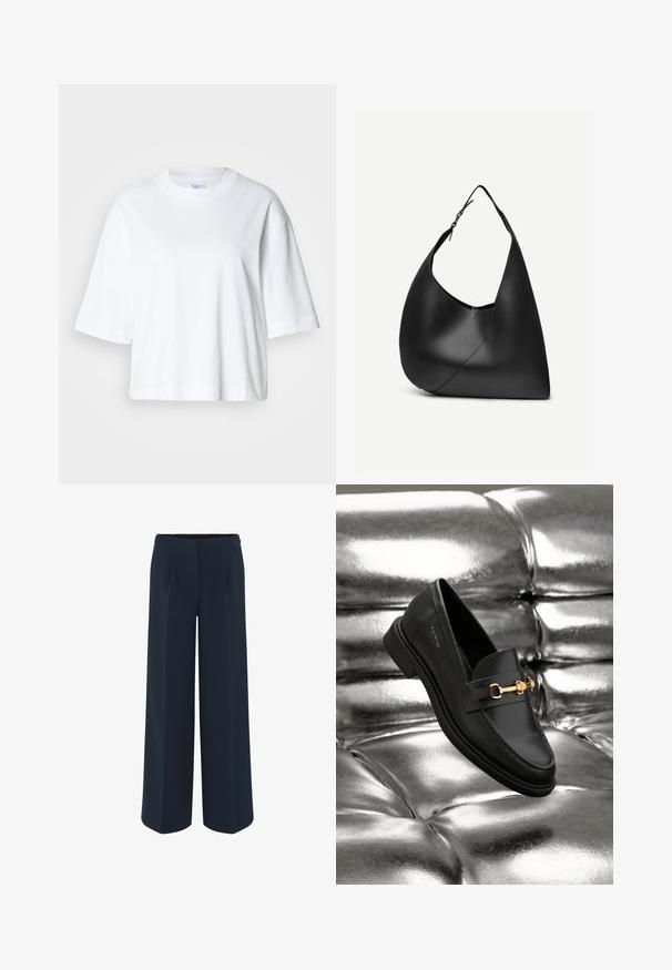 Witte cropped t-shirt met korte mouwen, ronde hals, gemaakt van zacht katoen, met een eenvoudig en strak ontwerp.; Wijd-uitlopende broek in donkerblauw, met een gladde stof, op maat gemaakte plooien en een hoge taille. Geen zichtbare zakken of versieringen.; Zwarte leren instapper met een goudkleurig hardware-detail. De schoen heeft een strak ontwerp en een gladde, glanzende textuur.; Zwarte leren schoudertas met gebogen driehoekige vorm, enkele verstelbare riem en zichtbare diagonale naad aan de voorkant.