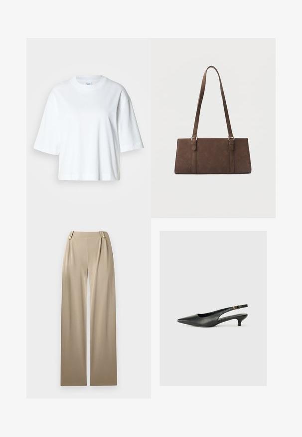 Hvid cropped t-shirt med korte ærmer, rund halsudskæring, lavet af blødt bomuldsmateriale, med et enkelt og rent design.; Beige brede bukser med en glat overflade, der har to dekorative knapper i taljen og subtile plisseringer for ekstra detaljer.; Sorte spidse slingback-sko lavet af glat læder. Har en tynd hæl og en spænde detalje på den justerbare rem.; Brun rektangulær skuldertaske med lange stropper og minimale syningsdetaljer på en ensfarvet baggrund.