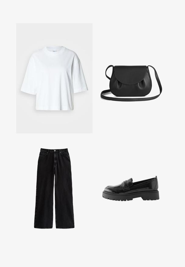 Witte cropped t-shirt met korte mouwen, ronde hals, gemaakt van zacht katoen, met een eenvoudig en strak ontwerp.; Zwarte, wijde denim broek met hoge taille, voorzien van een klassiek vijf-pocket ontwerp en een knoopsluiting, gemaakt van stevige katoen.; Zwarte lakleren loafers hebben een laag platformzool met een robuuste profiel en een gestikte detail over de middenvoet.; Zwarte leren schoudertas met een ronde vorm, voorzien van een klepopening en zachte, geplooide accenten. Verstelbare schouderband voor gemak.