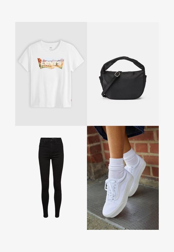 T-shirt blanc Levi's avec un paysage désertique et des plantes graphiques à l'intérieur du logo en forme d'aile de chauve-souris de la marque sur la poitrine.; Jean skinny en denim noir avec une taille haute, design à cinq poches, passants de ceinture et détails de couture subtils. Texture lisse, forme ajustée.; Baskets en toile blanches avec semelles en caoutchouc, dotées de six œillets, d'un bout rond et de détails de couture légers, portées avec des chaussettes blanches mi-mollet.; Sac à épaule en tissu noir avec une poignée torsadée, une sangle amovible et une fermeture zippée en haut. Texture lisse et design minimaliste.