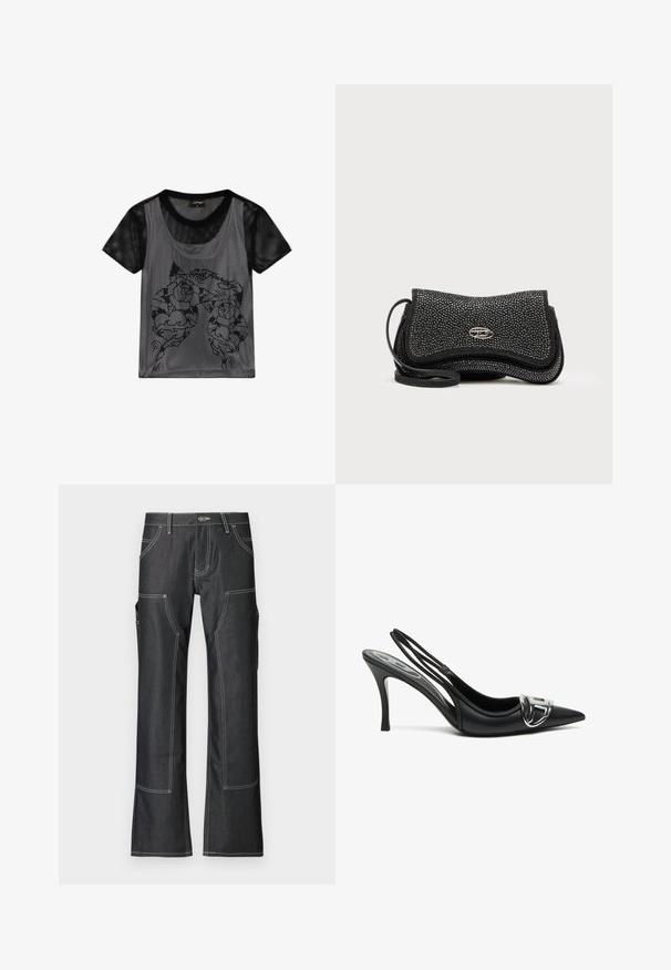 Schwarzes kurzärmeliges Mesh-Crop-Top mit rundem Ausschnitt und abstraktem Blumenmuster, das auf weißem Hintergrund sichtbar ist.; Dunkelblaue Cargo-Hosen aus Denim mit weißer Kontrastnaht, ausgestattet mit mehreren Taschen und einem schmal zulaufenden Bein-Design. Robustes Material und Metallknopf-Verschluss.; Schwarze Slingback-Pumps mit spitzem Vorderteil, ausgestattet mit einem glänzenden silbernen Schnallendetail und einem schlanken Absatz. Glattes Lederoberfläche, minimalistische Gestaltung.; Schwarze Schultertasche aus strukturiertem Material mit gekrepptem Design, silbernen Beschlägen und verstellbarem Riemen.