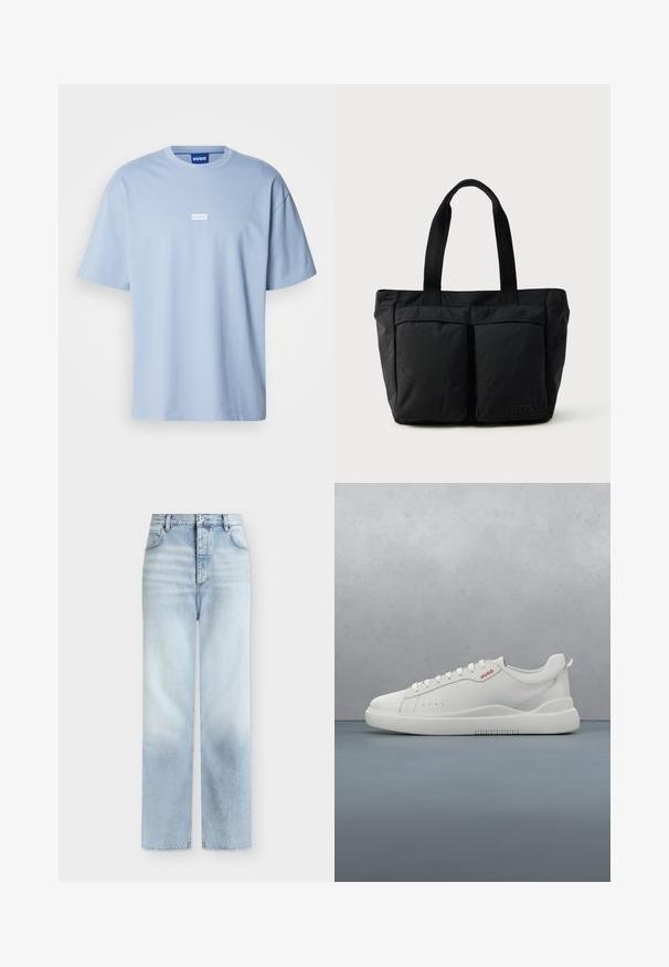 T-shirt bleu clair à manches courtes en coton, avec un col rond et un logo rectangulaire blanc au centre à l'avant.; Jeans bleu clair taille haute à jambes droites, avec poches avant, passants de ceinture et fermeture par bouton.; Sneaker blanche avec une finition en cuir lisse, bout rond, quatre œillets, perforations subtiles et un détail de logo rouge sur le côté.; Sac fourre-tout noir en tissu doux, avec deux poches avant et des anses robustes. Logo affiché sur le côté. Design simple et fonctionnel.