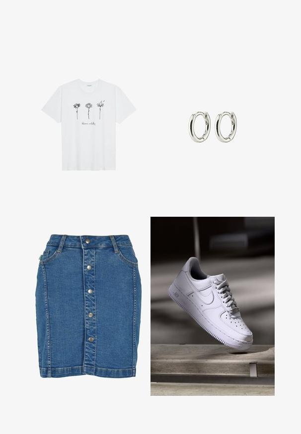 Witte katoenen t-shirt met drie omrande bloemontwerpen en de tekst "bloei wild" in een casual lettertype onder de illustraties.; Denim rok met een sluiting aan de voorkant met knopen, een aansluitend ontwerp, lichtblauwe kleur en subtiele stiksels.; Witte Nike Air Force 1 sneaker die zweeft boven een betonnen oppervlak met schaduwen in een minimalistische setting.; Zilveren creolen met een gladde, glanzende afwerking. Geronde vorm met een veilige sluiting. Minimalistisch ontwerp met een subtiele draai-detail.