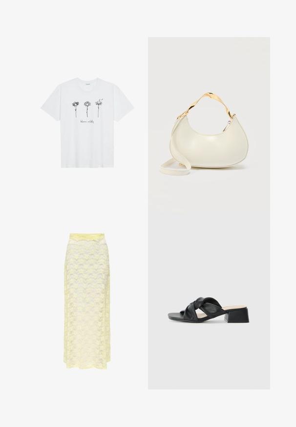 Camiseta de algodón blanca que presenta tres diseños de flores contorneadas con el texto "florece salvajemente" en una fuente casual debajo de las ilustraciones.; Falda maxi amarilla de encaje con un patrón ondulado, que cuenta con una cinturilla lisa y una textura suave y translúcida. Diseñada para una silueta ligera y fluida.; Sandalia de cuero negro con un diseño superior retorcido, punta cuadrada y un bajo tacón bloque, con una textura suave y un estilo minimalista.; Bolso en forma de media luna de color crema con asa corta brillante dorada y correa larga a juego sobre un fondo liso y claro.