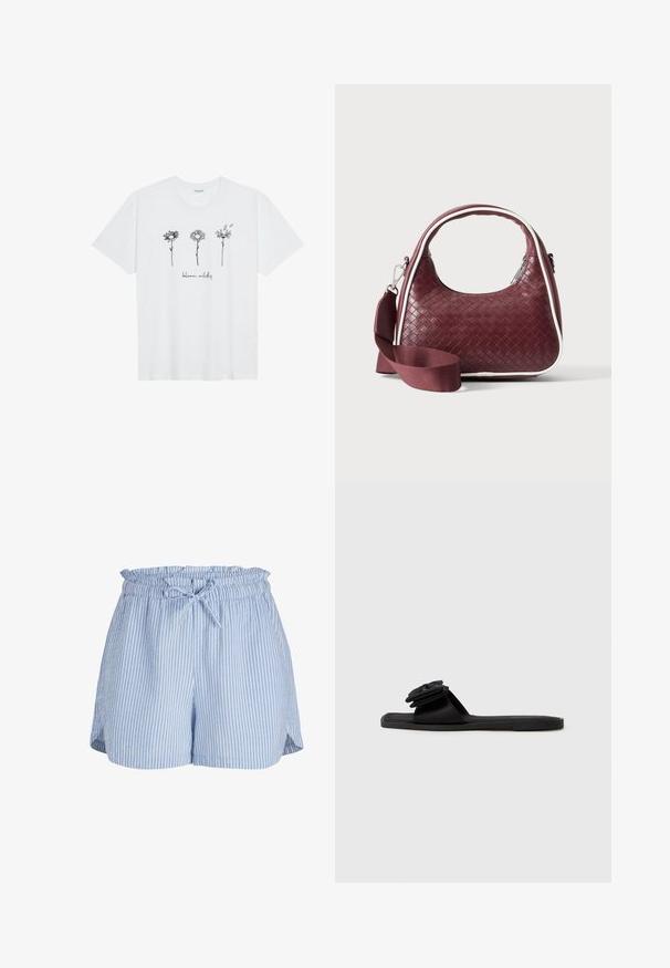 Hvid bomulds-t-shirt med tre konturerede blomsterdesigns og teksten "bloom wildly" i en afslappet skrifttype under illustrationerne.; Lyseblå og hvide vertikale stribede dame shorts med elastisk talje og bundet snøre foran.; Sorte slidesandaler med en blød stofblomst som accent, flad sål og åben tådesign. Lavet af letvægtsmateriale for komfort.; Mørkerød vævet lædertaske med buet hank, hvid kant, sølv lynlås og aftagelig bred stofskulderrem mod en ensfarvet baggrund.