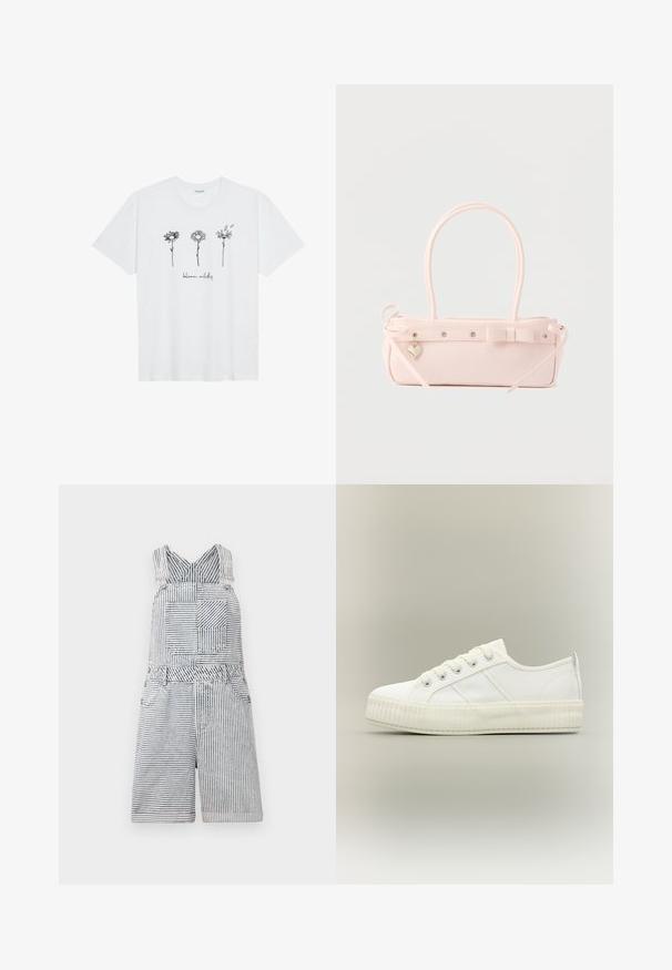 Witte katoenen t-shirt met drie omrande bloemontwerpen en de tekst "bloei wild" in een casual lettertype onder de illustraties.; Gestreepte denim jumpsuit met een vierkante zak, verstelbare straps en een wijde halslijn. Heeft een relaxte pasvorm met een shorts-lengte.; Witte lage sneaker met dikke geribde zool, veters aan de voorkant en trek-lus aan de hiel tegen een neutrale achtergrond.; Bleekroze rechthoekige handtas met dubbele handvatten, decoratieve strik, metalen oogjes en een klein hartvormig hangertje tegen een effen achtergrond.