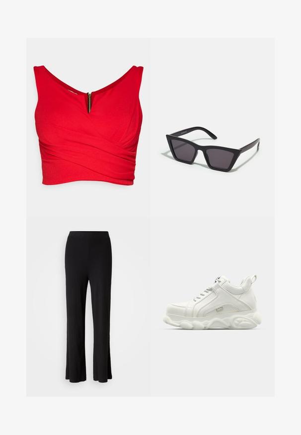 Rød crop top lavet af blødt stof med en dyb V-udskæring, forsynet med et skrå omslagdesign og en synlig guld lynlås foran.; Sorte ribbede bukser med vidde, glat elastisk talje og flared kant. Stofstrukturen er blød og strækbar, hvilket giver komfort.; Hvide atletiske sneakers med en glat læderoverdel, rund sål og tekstureret accent. Har snørebånd og en slippe-strop bagpå.; Sorte, kantede solbriller med grå linser; lavet af plast, med tykke stænger med en glat overflade og ingen synlig hardware.