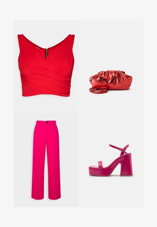 Rød crop top lavet af blødt stof med en dyb V-udskæring, forsynet med et skrå omslagdesign og en synlig guld lynlås foran.; Fuchsia brede bukser med høj talje, frontfald og en enkelt sort knaplukning. Glat tekstur og skræddersyet design.; RAID MAARIA - Højhælede sandaletter / Højhælede sandaler - pink; Rød metallisk håndtaske med en samlet, puffy design. Har en lang, tynd skulderrem og en glat, blank tekstur.