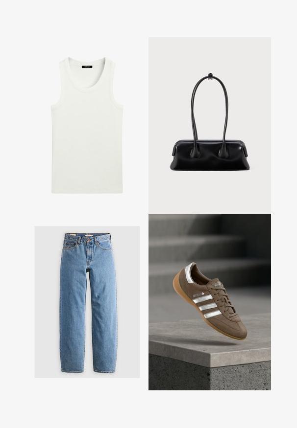 Hvid ærmeløs ribstrikket tanktop med rund halsudskæring og label indeni kraven.; Lysblå denim jeans med lige ben-design, fem lommer, lynlås og en subtil falmet tekstur. Klassisk stil med minimal hardware.; Brun ruskindssneaker med hvide striber og sølvdetaljer, med tekstureret overdel, snørelukning og gummisål i caramelfarve.; Sort læderhåndtaske med to forlængede håndtag, en glat tekstur og en rund bund med dekorative detaljer på siderne.