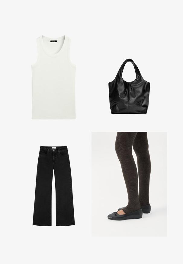 Débardeur blanc côtelé sans manches avec encolure ronde et étiquette à l'intérieur du col.; Jean large noir taille haute avec poches avant et poches à monnaie, fermeture à bouton et passants de ceinture.; Jambes portant des leggings côtelés foncés associés à des ballerines noires avec de petits détails en nœud sur fond blanc.; Sac fourre-tout en cuir noir avec une texture lisse, un haut arrondi doux et de larges poignées. Présente une couture minimale et une silhouette décontractée.