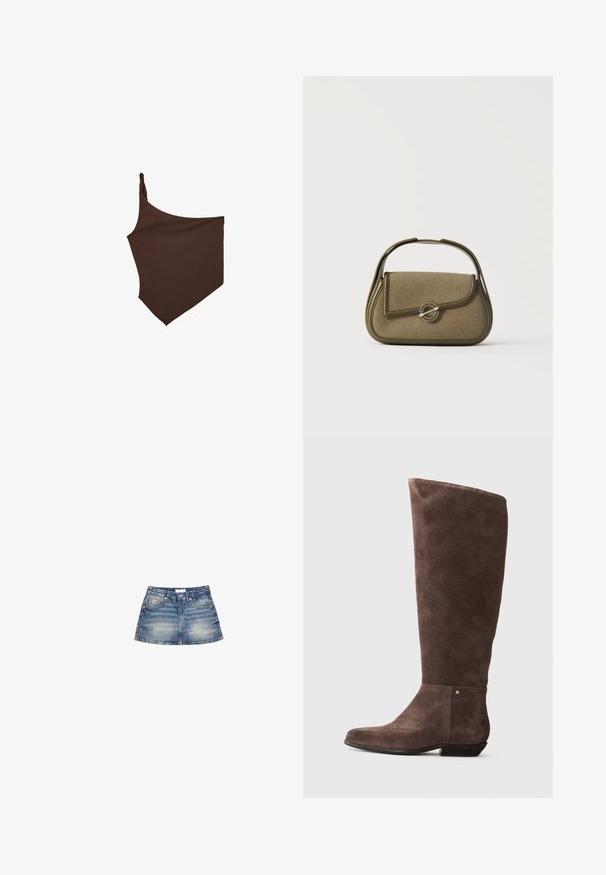 Brun asymmetrisk crop top med en snoet skulderstrop og en diagonal nederkant.; Denim mini nederdel i lyseblå vask, med en tætsiddende talje, forlommer og en svungen kant med let falming og færdige kanter.; Brune ruskinds knæhøje støvler med en let spids tå, lav hæl, glat tekstur og en gylden accentstud nær anklen.; Lille olivengrøn håndtaske med afrundede kanter, et topgreb og en klaplukning sikret med en cirkulær metalbeslag.
