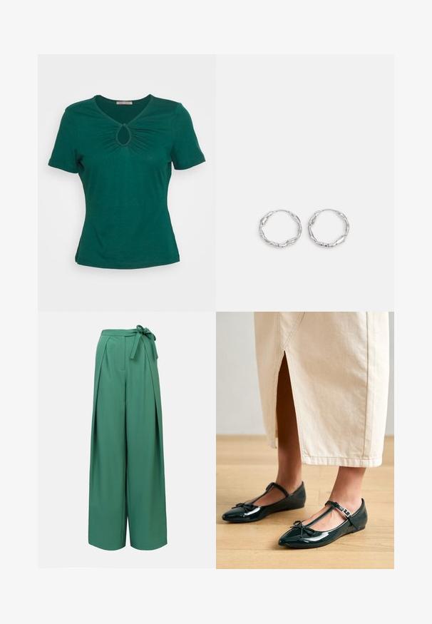 Anna Field T-shirt basique - dark green; Pantalon vert à jambes larges avec ceinture nouée, présentant des plis et une texture lisse. Conçu pour une coupe décontractée et un style polyvalent.; Ballerines en cuir verni vert avec une bride T, un nœud sur le bout, et un petit talon compensé, associées à une jupe crème longueur cheville.; Boucles d'oreilles en argent en forme de créole, avec une texture ondulante et irrégulière. Présente une forme circulaire mince et une finition réfléchissante.