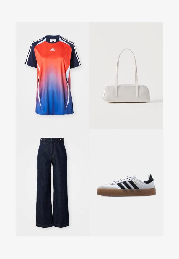 Camisa deportiva de manga corta de Adidas con un degradado que va del rojo al azul, con detalles en azul marino y rayas blancas a lo largo de los hombros.; Vaqueros de pierna ancha azul oscuro, confeccionados en denim, con cintura alta, diseño de cinco bolsillos y costuras naranjas contrastantes.; Zapatillas de cuero blancas con rayas negras, suela de goma, puntera redonda, cierre de cordones y caperuza de ante gris suave.; Bolso de hombro rectangular blanco con correas largas y delgadas, costuras mínimas y cierre de cremallera sobre un fondo liso.
