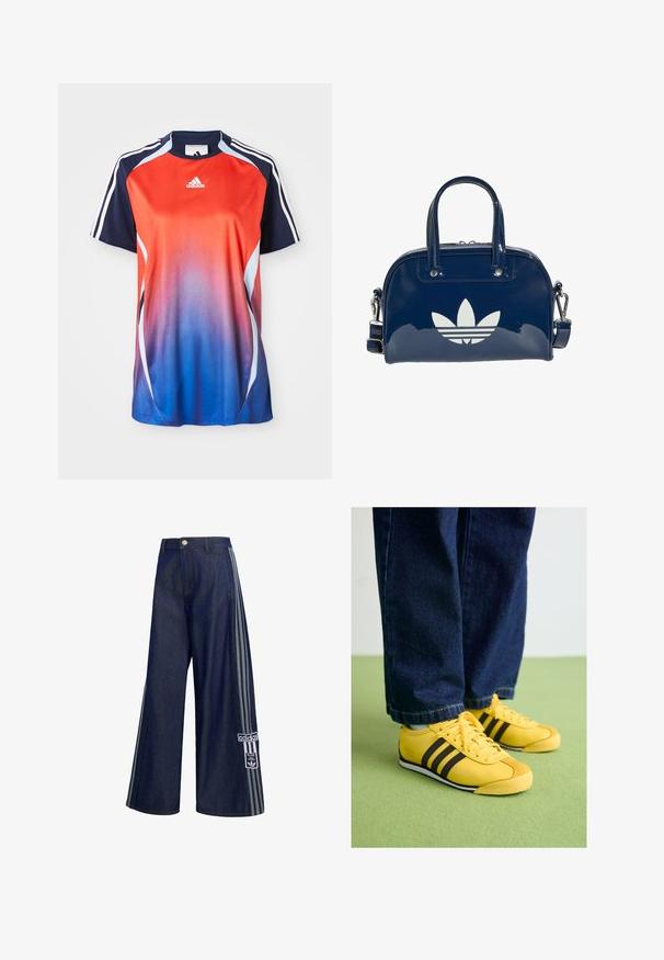T-shirt de sport à manches courtes Adidas présentant un dégradé du rouge au bleu, avec des accents marine et des rayures blanches le long des épaules.; Pantalon en denim bleu foncé à jambes larges avec des bandes grises sur les côtés, fermeture par boutons, poches avant et patch logo Adidas sur la jambe gauche.; Baskets en cuir jaune avec rayures noires, un bout texturé et une semelle blanche, associées à un jean en denim sombre, posées sur une surface verte.; Sac à main bleu foncé brillant avec double poignée et bandoulière réglable, arborant un grand logo blanc Adidas tréfle à l'avant.