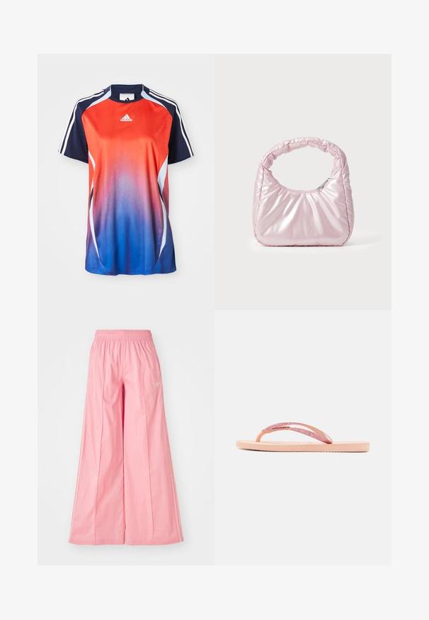 Adidas Sportshirt mit kurzen Ärmeln in einem Farbverlauf von Rot zu Blau, mit marineblauen Akzenten und weißen Streifen an den Schultern.; Rosa weit geschnittene Hosen aus einem leichten Stoff, mit einem elastischen Bund und dezenten weißen Seitenstreifen. Kleines Logo auf der Vorderseite.; Rosa Flip-Flop mit einem glitzernden Riemen, strukturiertem Gummisohle und einfachem flachen Design. Akzente beinhalten ein glänzendes Verbindungsstück.; Rosa, gepolsterte Handtasche mit abgerundeter Form, aus glänzendem Material gefertigt. Verfügt über einen gerafften Griff und einen Reißverschluss für sicheren Zugang.