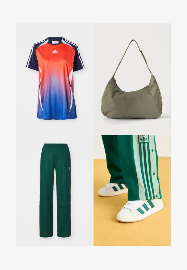 Adidas t-paita lyhyillä hihoilla, jossa on punaisesta siniseen ulottuva gradientti, tummansinihitsejä ja valkoisia raitoja hartioilla.; Tummanvihreät urheiluhousut rentoa istuvuutta, joissa on nauhakuulu vyötärö, sivutaskut ja kermaiset raidat sivuilla.; Valkoiset tennarit, joissa on vihreät raidat, kumipohja ja tekstuuri, yhdistettynä vihreisiin urheiluhousuihin, joissa on vaaleanvihreät sivuraidat ja nepparit.; Oliivinvihreä pehme kangasolkaiminen laukku, jossa on vetoketjukiinnitys ja säädettävä olkahihna vaalealla yksivärisellä taustalla.