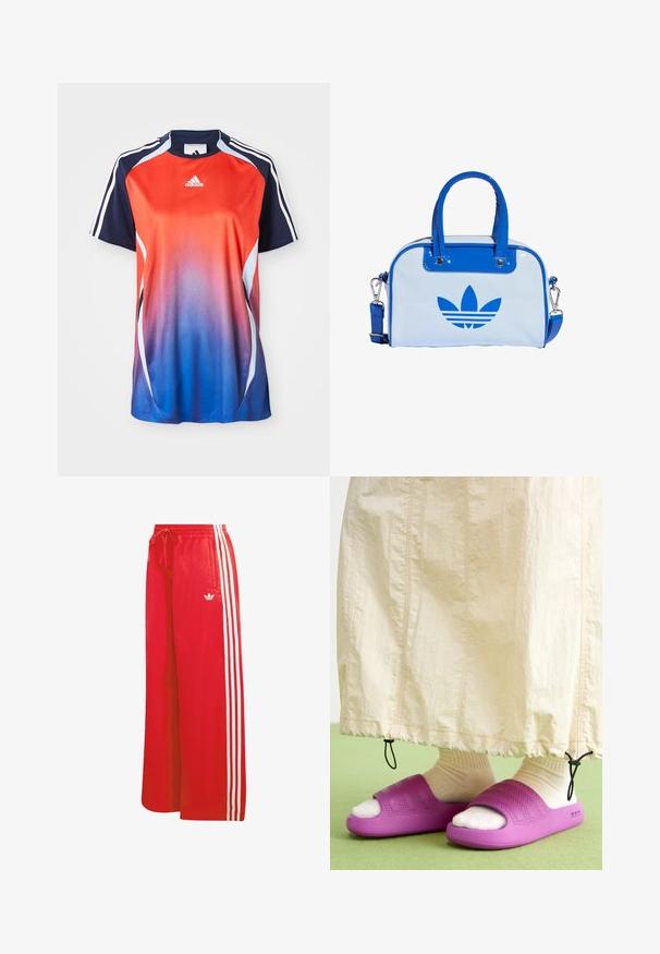Adidas Sportshirt mit kurzen Ärmeln in einem Farbverlauf von Rot zu Blau, mit marineblauen Akzenten und weißen Streifen an den Schultern.; Rote Sporthose aus leichtem Material, mit weitem Bein, elastischem Bund, Kordelzug und drei weißen Streifen auf jeder Seite.; Lila Gummischlappen mit einem strukturierten Bandsdesign, getragen über cremefarbigen Socken, kombiniert mit einem hellbeigen Rock. Grüner Boden.; Blaue und weiße Handtasche mit glänzendem Finish, ausgestattet mit zwei blauen Griffen, einem abnehmbaren Schulterriemen und einem auffälligen blauen Logo auf der Vorderseite.