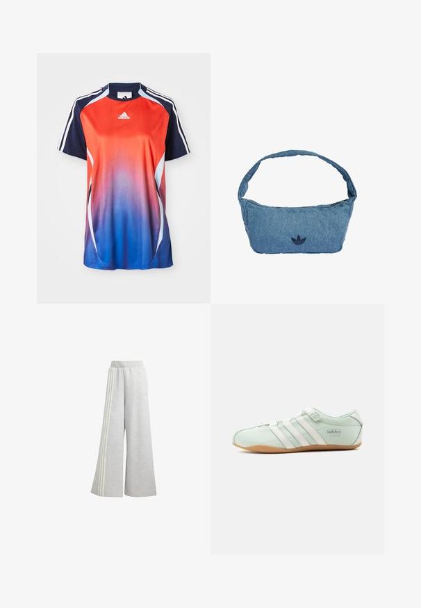Adidas Sportshirt mit kurzen Ärmeln in einem Farbverlauf von Rot zu Blau, mit marineblauen Akzenten und weißen Streifen an den Schultern.; Hellgraue weit geschnittene Sweatpants aus weichem Stoff, mit drei weißen Streifen an jeder Seite und einem elastischen Bund.; Hellgrüner Adidas-Sneaker mit weißen Streifen, Klettverschluss und brauner Sohle, seitlich auf einem einfarbigen Hintergrund betrachtet.; Denim-Schultertasche in Hellblau mit einem gestickten dunkelblauen Logo. Verfügt über einen breiten, weichen Riemen und einen Reißverschluss oben zum Verschließen.