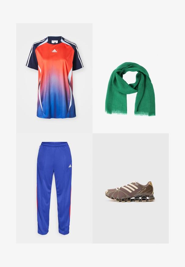 Adidas sportshirt met korte mouwen, voorzien van een gradient van rood naar blauw, met marineblauwe accenten en witte strepen langs de schouders.; Blauwe sportbroek met rode zijstrepen, elastische tailleband en een klein wit logo op de bovenste linkerkant van de broek. Glad, lichtgewicht materiaal.; Lichtbruine sportschoenen met een bovenzijde van mesh, drie beige strepen en een uniek ontwerp van de gesegmenteerde zool. Voorzien van een afgeronde neus en een gevoerde kraag.; Groene linnen sjaal, lichtgewicht en zacht, met een rechthoekige vorm en randloze randen, met een gladde textuur.