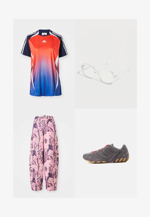 Adidas t-paita lyhyillä hihoilla, jossa on punaisesta siniseen ulottuva gradientti, tummansinihitsejä ja valkoisia raitoja hartioilla.; Vaaleanpunaiset ja violetti kuviolliset leveälahkeiset housut, joissa on lehdet ja oksat -kuvio, korkea vyötärö ja sivutaskut lisäämään käytännöllisyyttä.; Harmaa urheilukenkä, jossa punaiset kengännauhat, teksturoitu kankainen päällinen ja segmentoitunut kumiulkopohja, esitetty sivulta valkoisella taustalla.; Läpinäkyvät suorakulmaiset silmälasit kirkkailla kehyksillä ja sangoilla, asetettuna valkoiselle pinnalle pehmeiden varjojen kanssa.