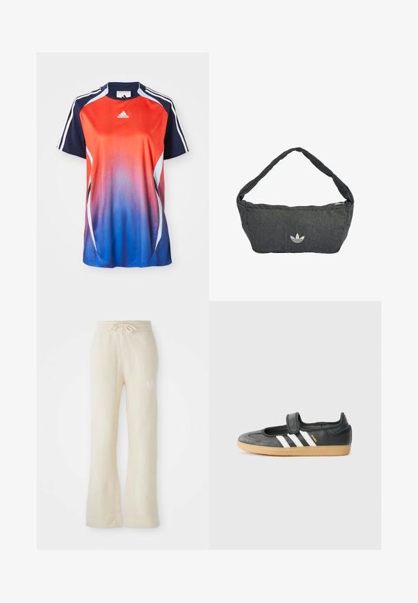 Adidas kortærmet sports T-shirt med en gradient fra rød til blå, med marineblå akcenter og hvide striber langs skuldrene.; Cremefarvede sweatpants med en blød tekstur, featuring en snoretræk i taljen og flair ben. Diskret logo detalje på venstre hofte.; Sort læder- og ruskinds sneakers med en Velcro-rem, der har tre hvide striber og en gummisål, mærket "SAMBA" på siden.; Mørkegrå skuldertaske lavet af tekstureret stof med lynlåslukning og broderet logo foran. Lang, buet strop.