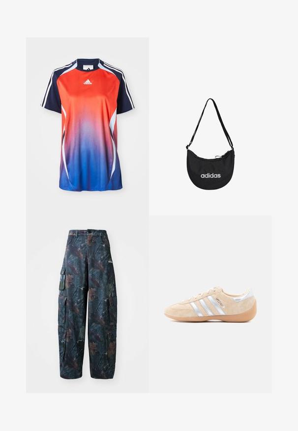 Adidas športová košeľa s krátkym rukávom s gradientom od červenej po modrú, s námorníckymi akcentmi a bielymi pruhmi pozdĺž ramien.; Maskáčové cargo nohavice v tmavozeleno-hnedej farbe, s viacerými vreckami a voľným strihom, vyrobené z ľahkej a odolnej tkaniny.; Béžová semišová teniska so striebornými akcentmi, tromi bočnými pásikmi, gumovou podrážkou a textúrovanými detailmi na špičke a päte.; Čierna látková taška na rameno s polkruhovým tvarom, s uzáverom na zips, nastaviteľným popruhom a bielym logom Adidas na prednej strane.