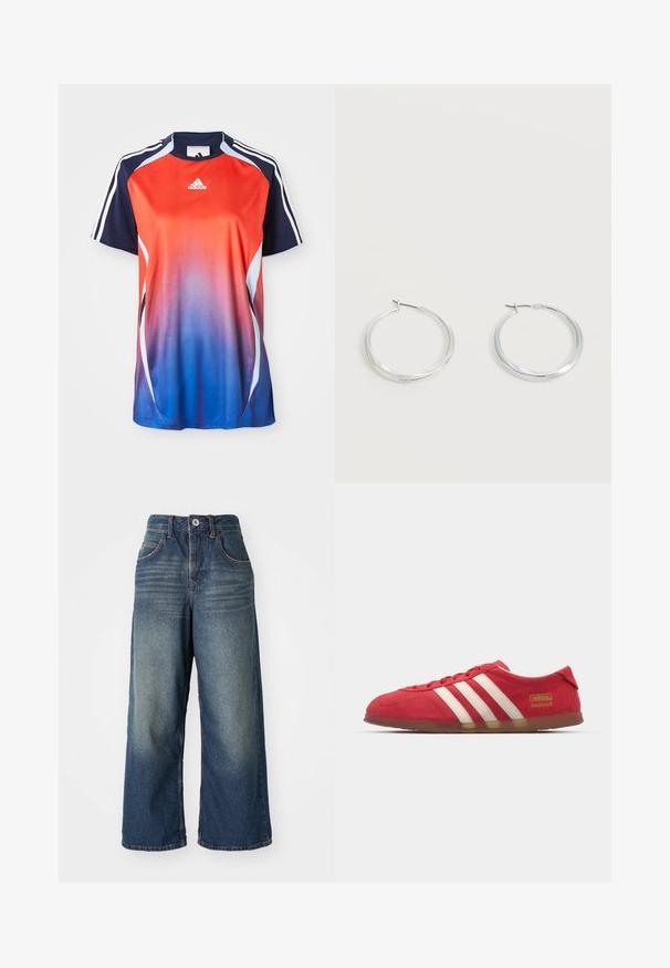 Φανέλα σπορ Adidas με κοντά μανίκια, που διαθέτει βαθμιαία αλλαγή χρώματος από κόκκινο σε μπλε, με ναυτικές λεπτομέρειες και λευκές ρίγες στους ώμους.; Παντελόνι τζιν με φαρδιά πόδια σε μεσαία μπλε απόχρωση, διαθέτοντας εμπρόσθιες τσέπες, κλείσιμο με κουμπί και φερμουάρ, και διακριτική φθορά στους μηρούς.; Κόκκινα σουέτ αθλητικά παπούτσια με λευκό σχέδιο τριών γραμμών, επίπεδη σόλα και χρυσό λογότυπο. Χαμηλή κοπή με στρογγυλή μύτη και κλείσιμο με κορδόνια.; Ασημένια μεταλλικά σκουλαρίκια κρίκοι με λεία, ελαφρώς κυρτή επιφάνεια και κλειδαριά τύπου latch-back σε απλό λευκό φόντο.